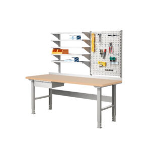 Dílenský stůl Robust, s policemi a panelem na nářadí, 2000×800 mm, tvrzená deska